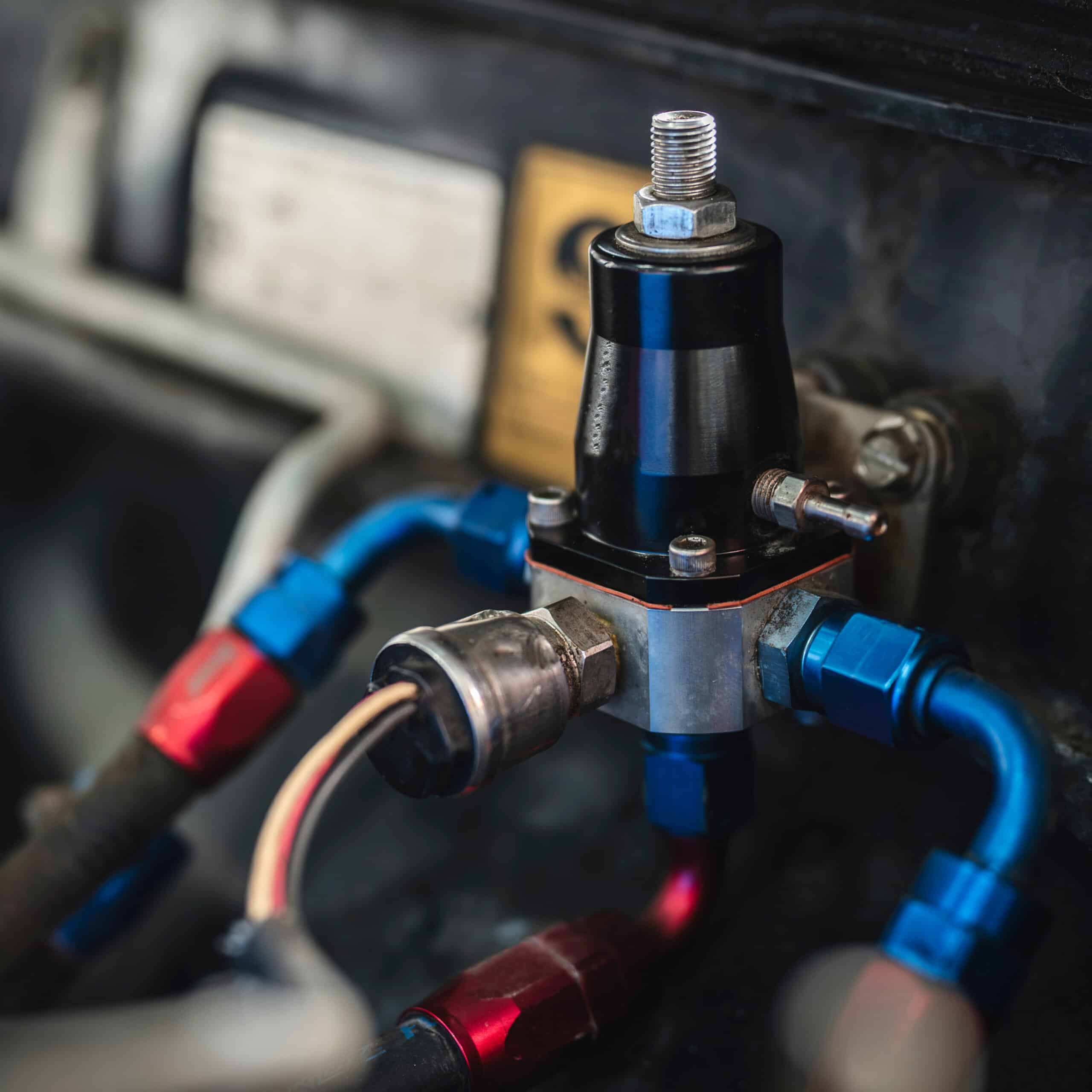 Régulateur de pression de carburant noir et argent avec raccords AN rouges et bleus et capteur, monté dans un compartiment moteur.